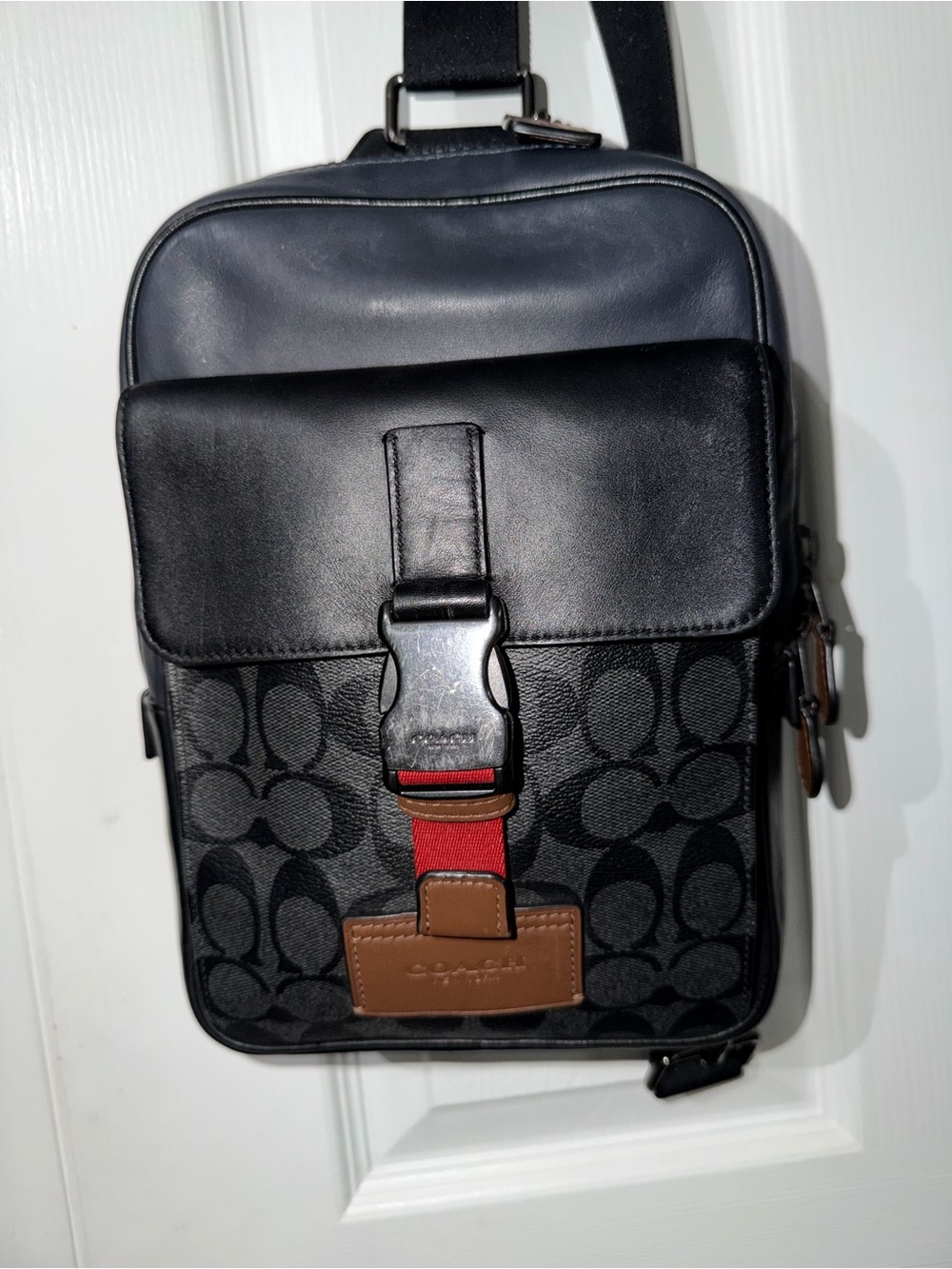 Coach Black Signature Crossbody Sling with Brown Trim and Red Accent - Picture 2 of 7